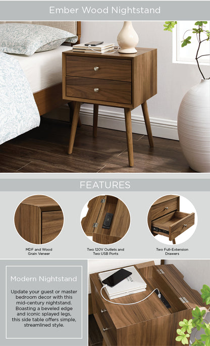 Ember Wood Nightstand With USB Ports